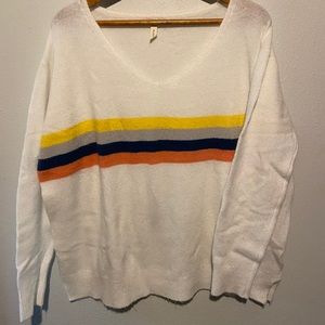 White V Neck sweater with multi colored strip
